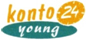 Żółty napis konto obok żółte koło z wpisaną liczbą dwadzieścia cztery w kolorze białym poniżej na zielonym tle w kształcie elipsy napis young