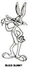 Czarno-biała postać stojącego królika gryzącego marchewkę podpisana Bugs Bunny