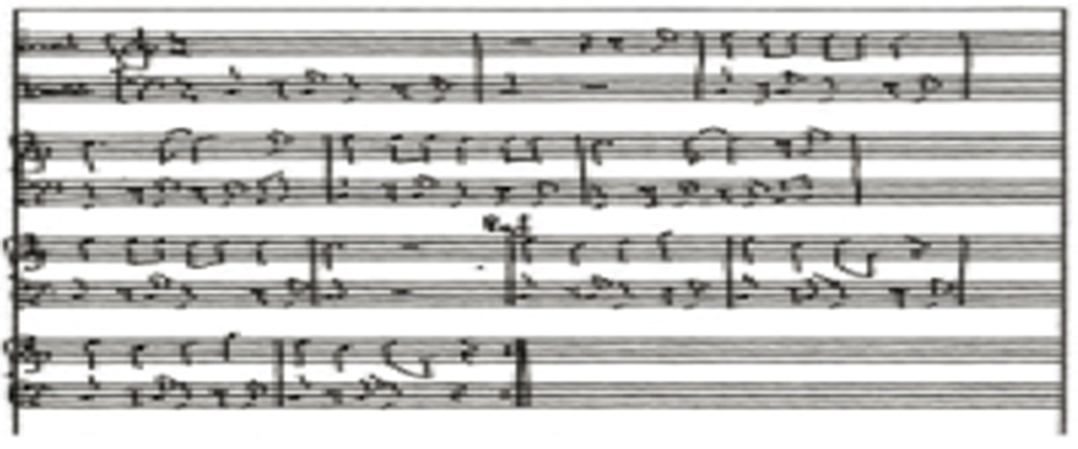 Czarno-biały fragment zapisu nutowego obejmujący osiem pęciolinii
