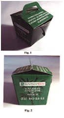 Dwa zdjęcia zielonego papierowego pudełka z liśćmi bambusa napisem BambooBox Najlepszy Chińczyk w mieście i numerem telefonu