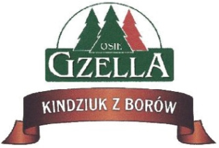 Dwie zielone choinki jedna czerwona pod nimi biały napis Gzella na zielonym tle poniżej brązowa wstęga z białym napisem kindziuk z borów