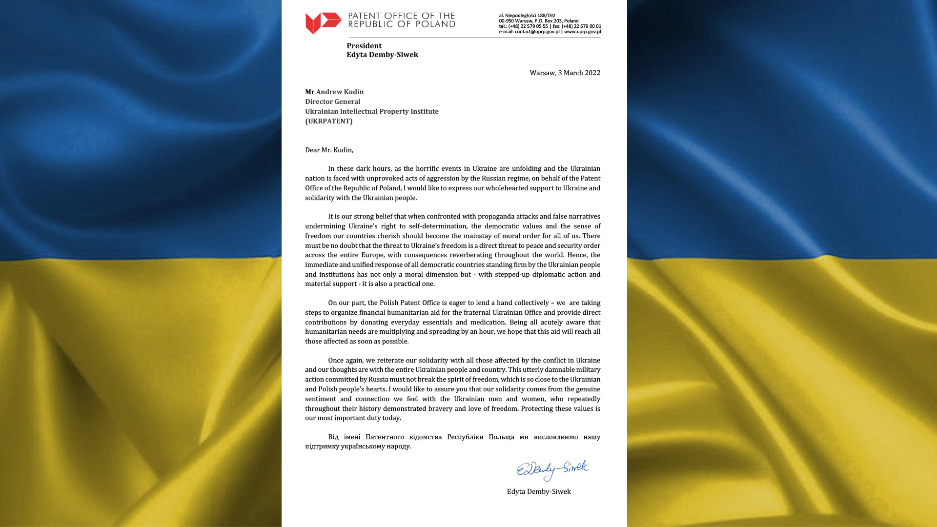 List od Prezes Urzędu Patentowego RP Edyty Demby-Siwek do Dyrektora Generalnego Ukraińskiego Instytutu Własności Przemysłowej Andrija Kudina