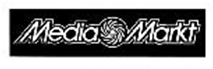 Na tle czarnego prostokąta biały napis Media Markt z białą obwódką oraz między słowami Media i Markt biała spirala