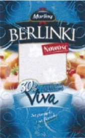 Niebieski pionowy prostokąt z kawałkami pokrojonych parówek oraz białymi spiralnymi liniami i napisami Morliny Berlinki Nowość Viva
