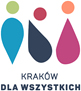 Proste figury geometryczne tworzące trzy kolorowe postacie a pod nimi granatowy napis Kraków dla wszystkich