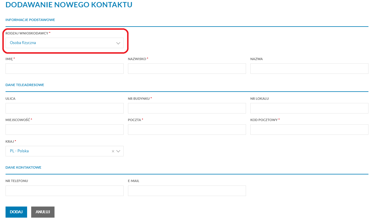 Formularz dodawania nowego kontaktu. Zaznaczone pole wyboru z listy rodzaju wnioskodawcy