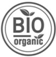 Szary pogrubiony okrąg w nim cieńszy okrąg wewnątrz napis Bio organic w dwóch liniach ozdobiony listkami zamiast kropek nad literami i całość na białym tle