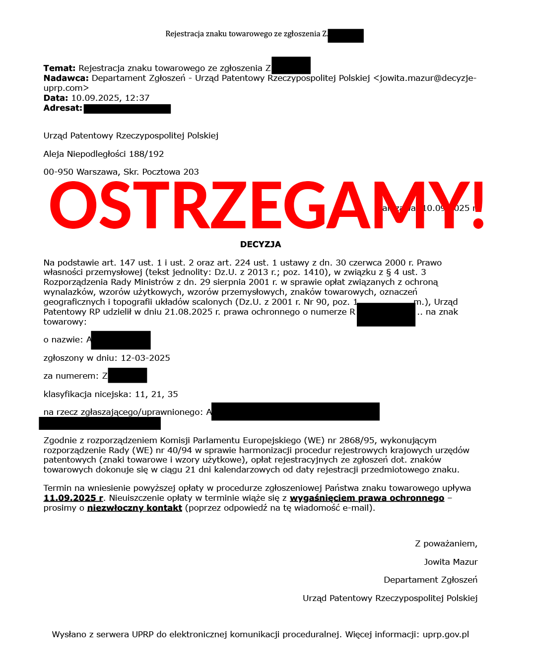 Sfałszowana decyzja dotycząca rejestracji znaku towarowego z dnia 10 września 2025 roku