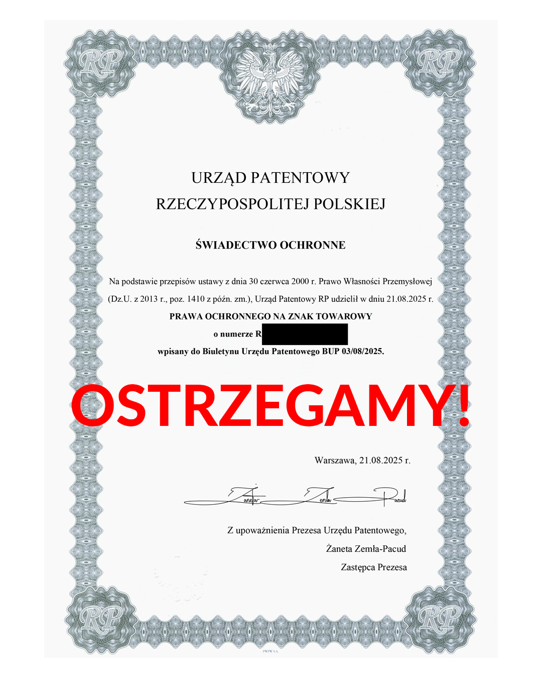 Sfałszowane świadectwo ochronne z dnia 21 sierpnia 2025 roku
