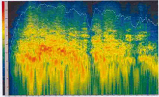 Wielokolorowy wykres w postaci niebieskich zielonych żółtych i czerwonych pasm na czarnym prostokątnym tle z linią skali wzdłuż lewej krawędzi