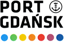 W kolorze czarnym napis Port obok kotwica z koroną w okręgu poniżej napis Gdańsk a pod nimi siedem kolorowych kół