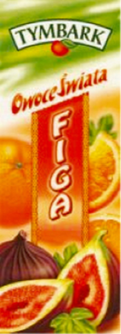 Zielony napis Tymbark i czerwone jabłko a poniżej czerwony napis Owoce Świata oraz biały figa na tle owoców pomarańczy i figi całych i przekrojonych